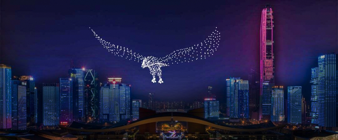 无人机在夜空中组成飞鸟造型